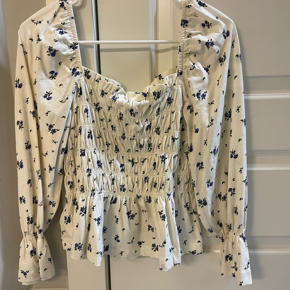 H&MFloral Smocked White and Blue Women's Top
